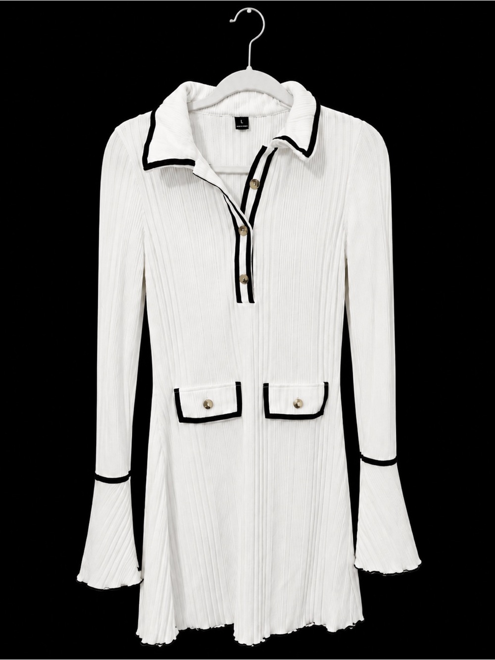 Women's Long Sleeve Pleated Dress with Black Trim
